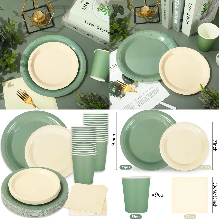 

Набор посуды цвета слоновой кости, 100 шт., набор посуды для свадьбы и дня рождения: одноразовые бумажные тарелки, салфетки и чашки с ел.