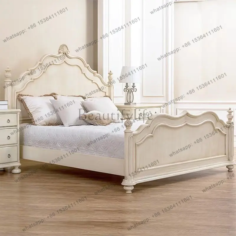 

American country solid wood double bed, French vintage old princess bed, carved European style