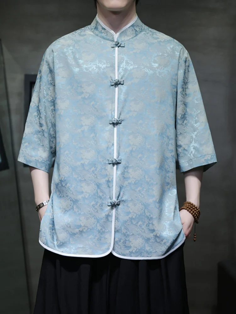 

Ice Silk T-irt Men's Large Size ort Sve Printed Lightweight New Chinese Sle Button Five Sve Summer Faion Urban ...