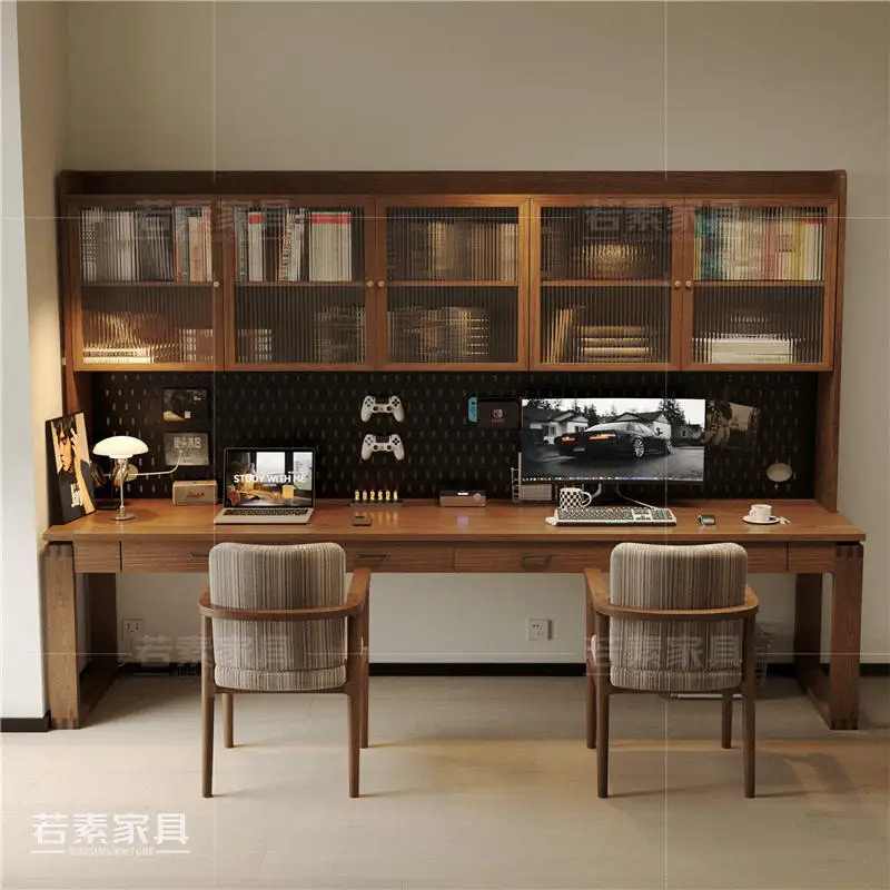 All solid wood desk, bookshelf, integrated bookcase combination, wall computer desk, double children's study table, office workb