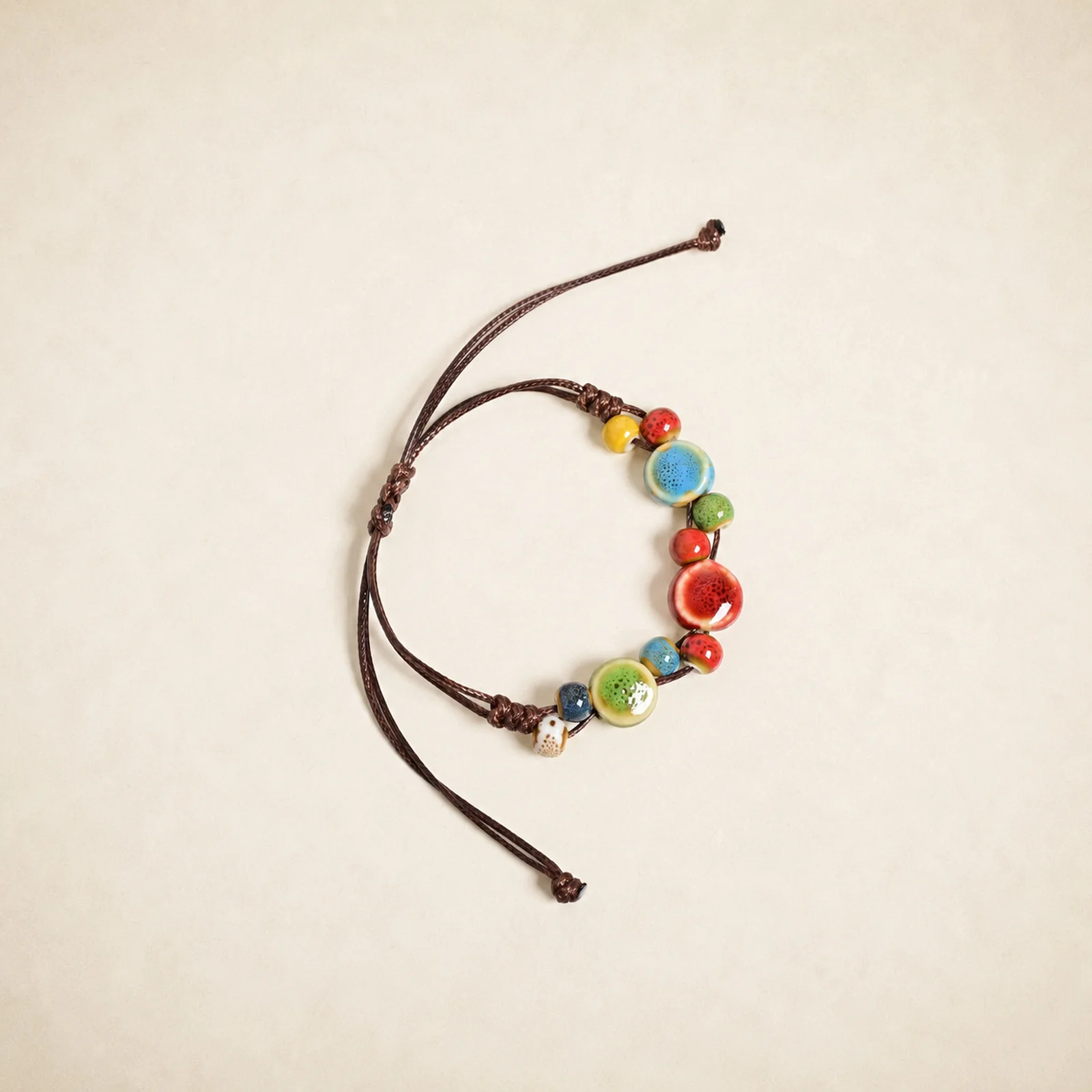 Handmade Ceramic Bracelet with Colorful Round Disc Bead Waxed Cord Adjustable Handwoven Jewelry Art Y260730-01
