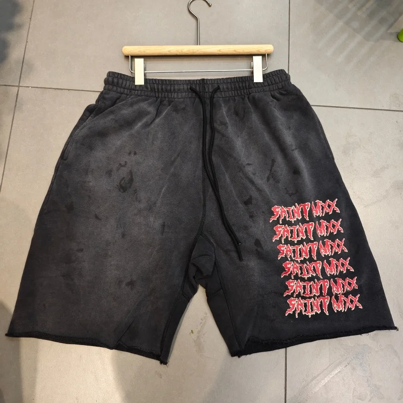

Men Saint Mxx Oversized Sweat Shorts Vintage Washed Gothic Print Streetwear Shorts