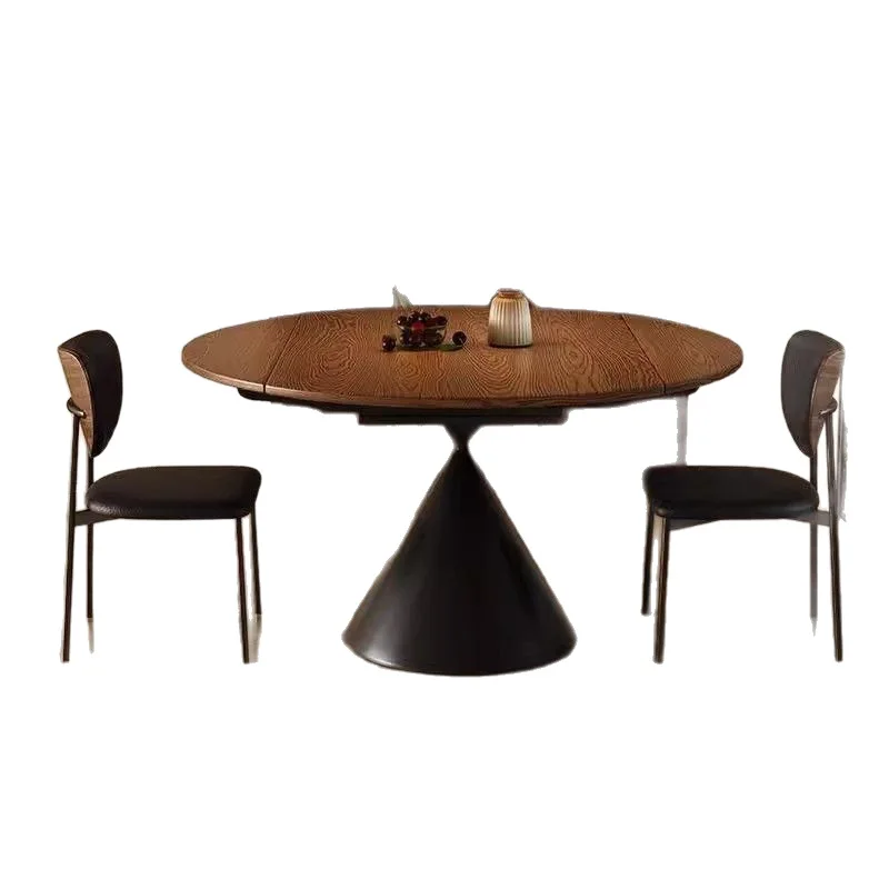 Retractable folding solid wood round table with turntable round household eating table dining table and chairs