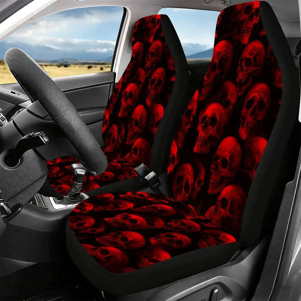 2pcs Red Skull Car Seat Covers - Gothic High-Back Design With & Red Skull Pattern, Fit For Cars, SUVs, Trucks - Durable Polyeste