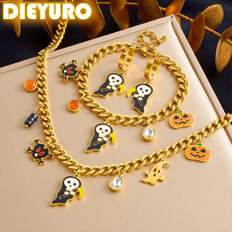 

DIEYURO 316L Stainless Cute Funny Death Reaper Sickle Pumpkin Halloween Necklace Earrings Bracelet Suit Womens Trend Jewelry Set
