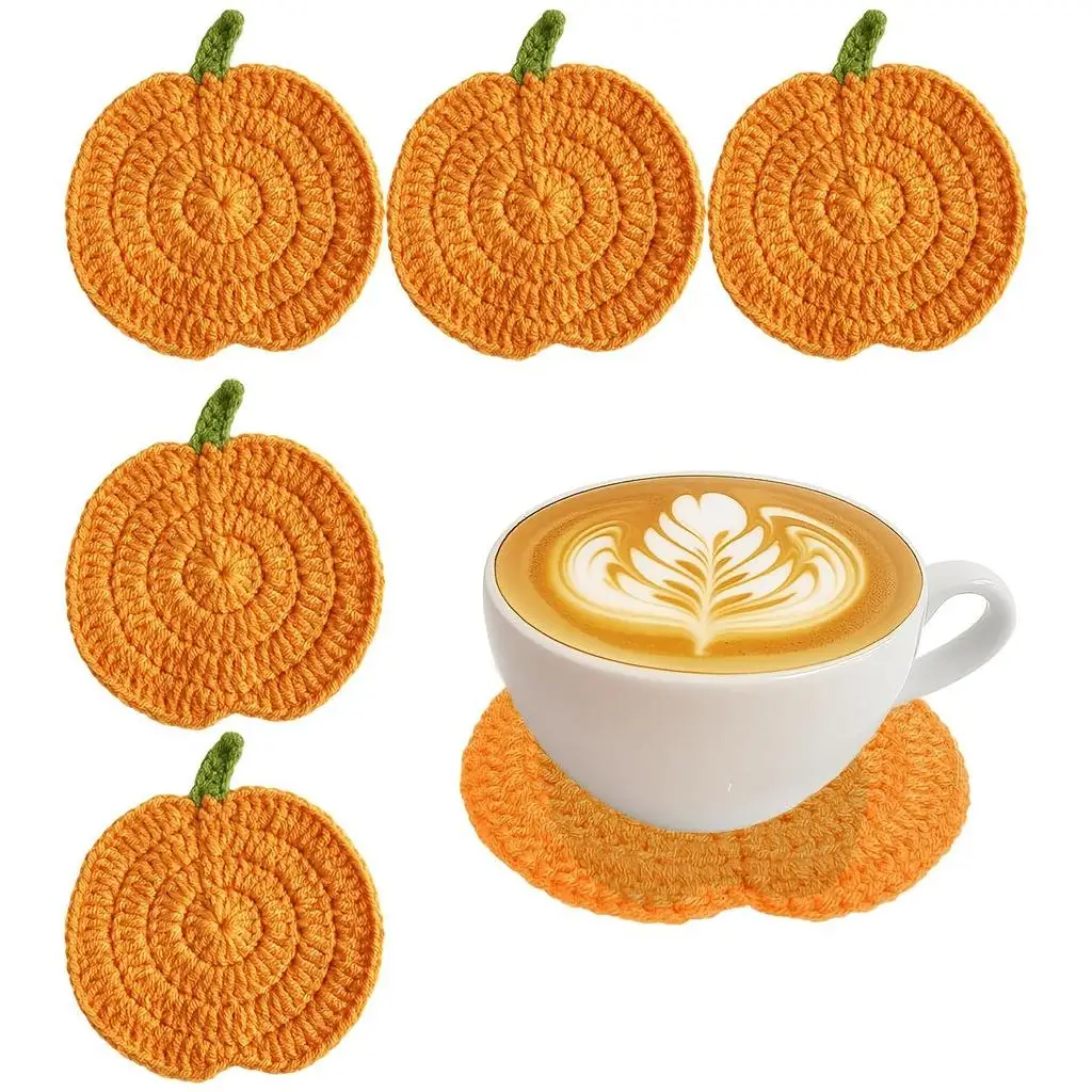 5Pcs 10Pcs Hand Crocheted Pumpkin Coasters Fall Cup Mats Heat Resistant Table Protector Halloween Thanksgiving Decor