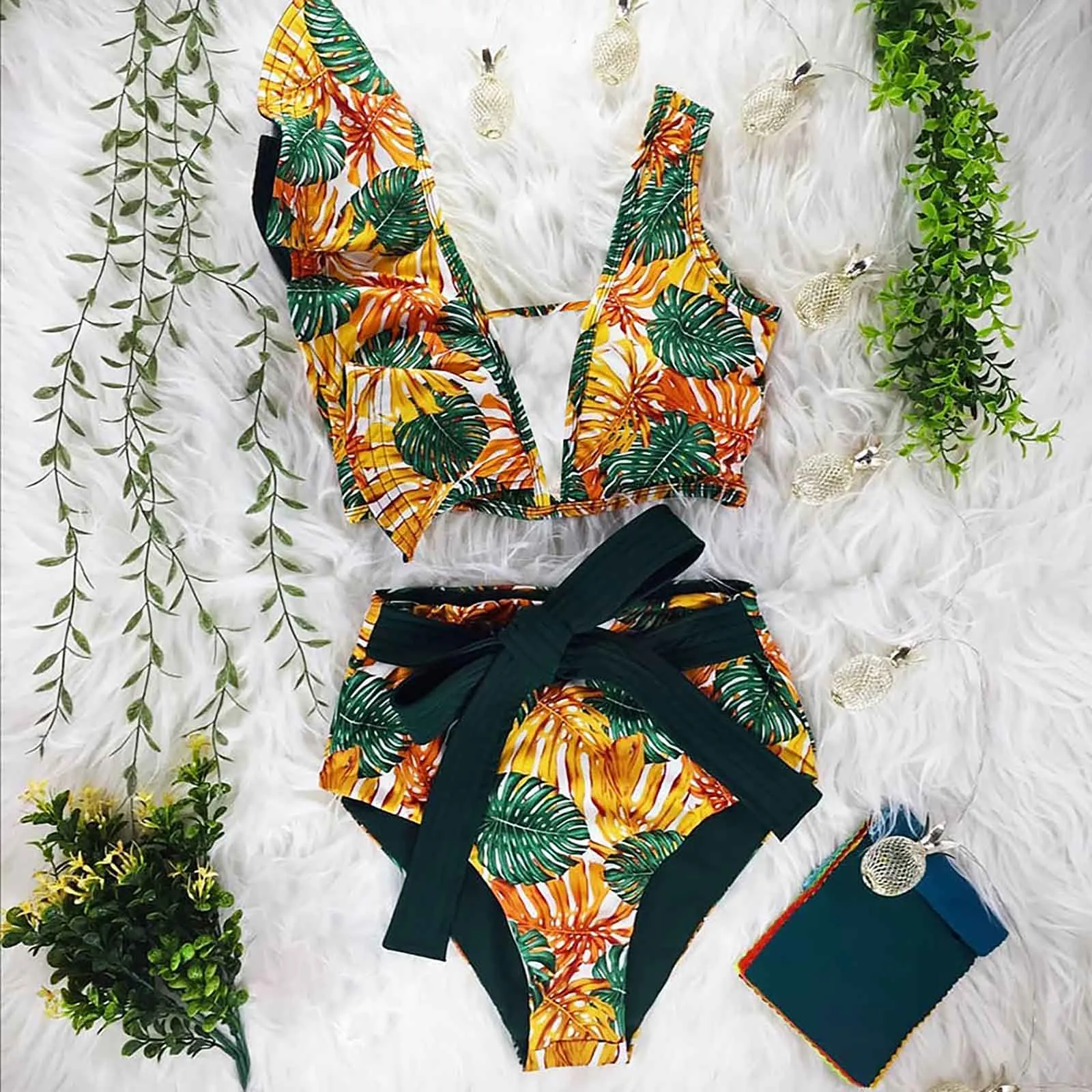 Sexy Floral Printed Bikinis Women'S Double High Straps Swimwears Set Large Size Athletic Swimsuit Ruched One Shoulder Biquinis