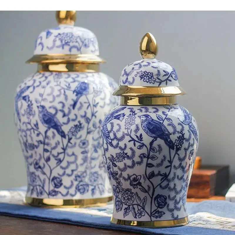 Blue and White Porcelain General Jar with Lids Ceramic Storage Jars Cosmetic Containers Artificial Flower Decorative Floral Vase