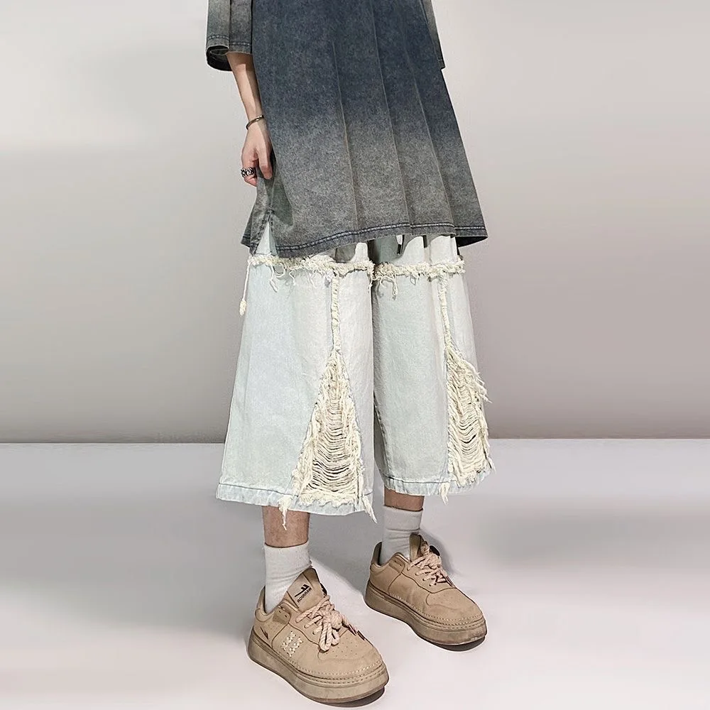 ARENS Vintage Denim Shorts Men Summer Ripped Hole Hip Hop Jeans Shorts Streetwear Harajuku Black Elastic Waist Knee Length Pants