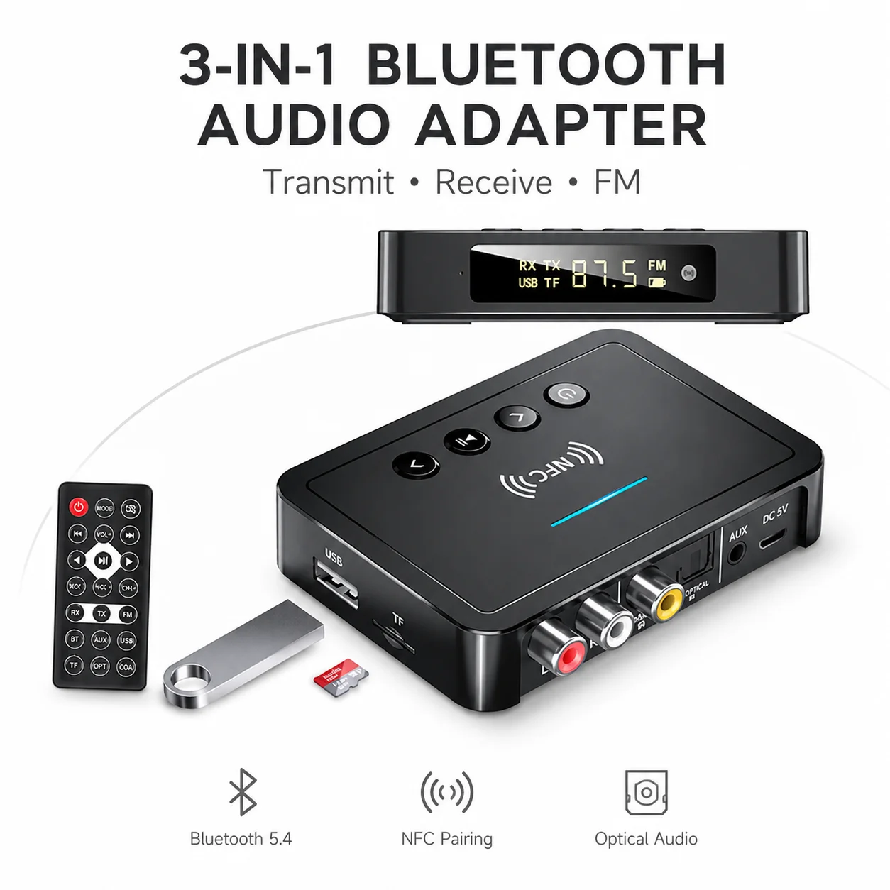NFC Bluetooth Audio Receiver Transmitter With FM Transmitter, Optical Coaxial RCA AUX, USB TF Playback And Remote Control
