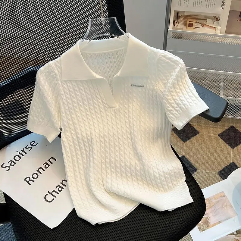 Womwn Ice Silk Knitted Polo Shirt Shoulder Short Sleeve Fashion T-shirt Women's Summer Thin French High-grade Lapel Top S949