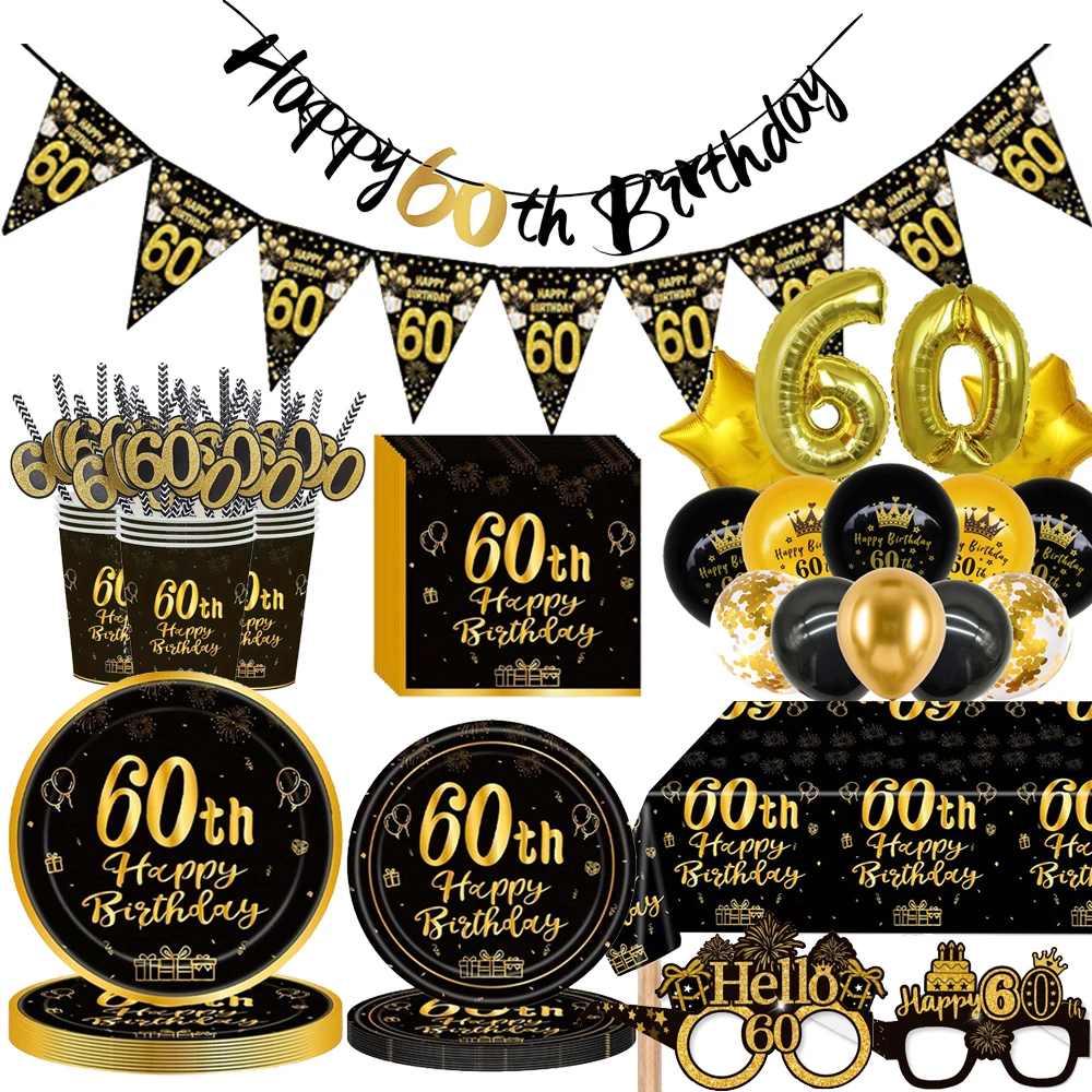 Schwarzgold-Einweggeschirr für den 60. Geburtstag, Party-Dekoration, Zubehör, Teller, Tischdecke, Geburtstagsbanner, 81,3 cm, Zahlenballon