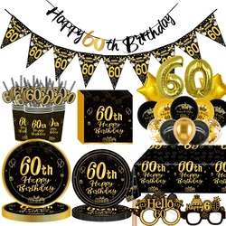 Black Gold Disposable Tableware For 60th Birthday Party Decor Supplies Plates Tablecloth Birthday Banner 32inch Number Balloon