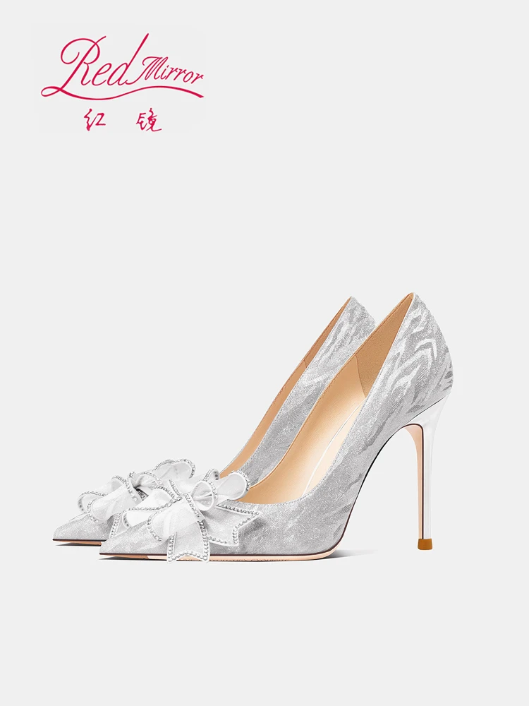 

High heels femininity not tired feet pointed design adult ceremony thin heel French bow sequined wedding shoes