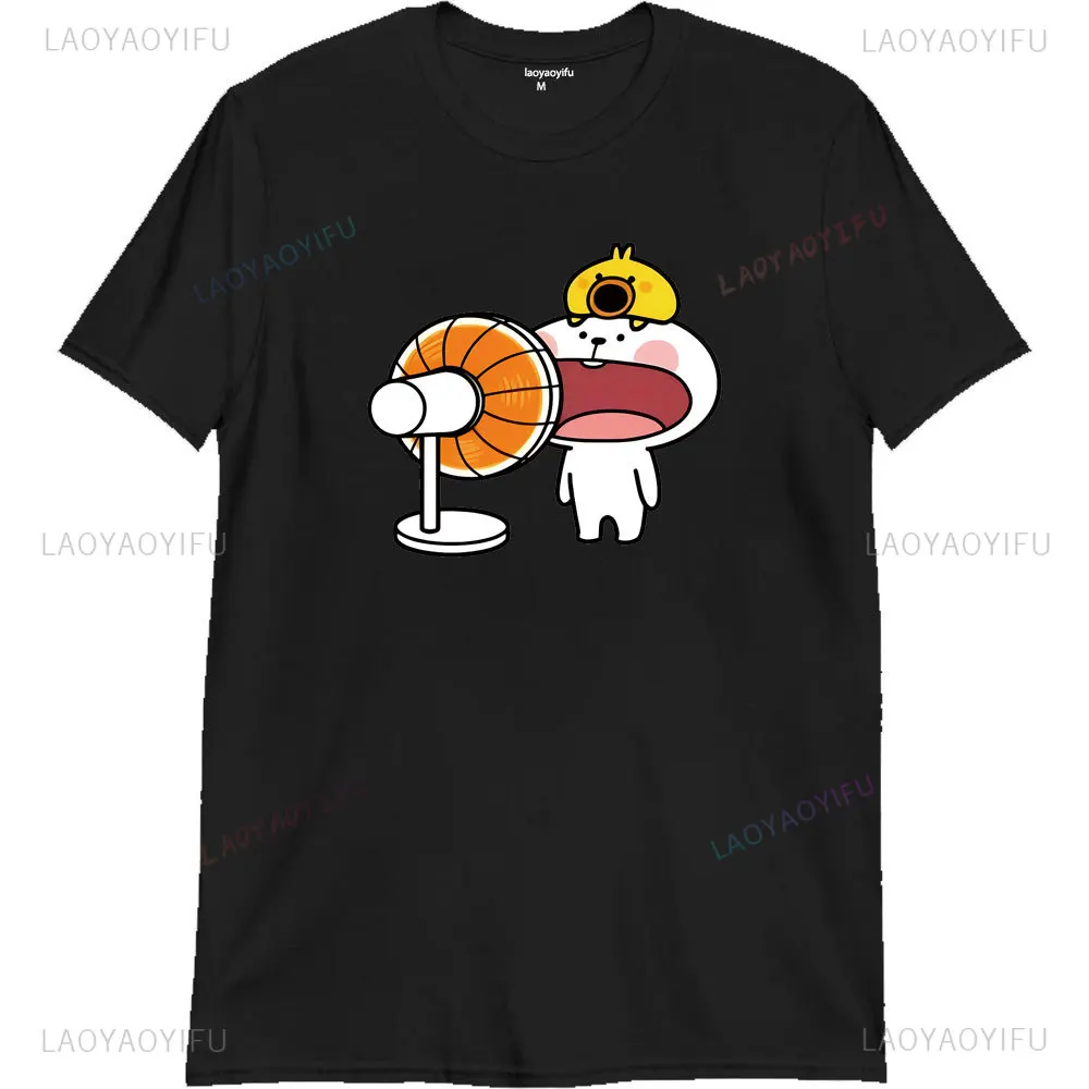 Funny Cartoon Apron Bunny T-shirt Kawaii Bunny Blown Fan Pattern Printed Short Sleeve Tshirt Unisexes Stylish Streetwear