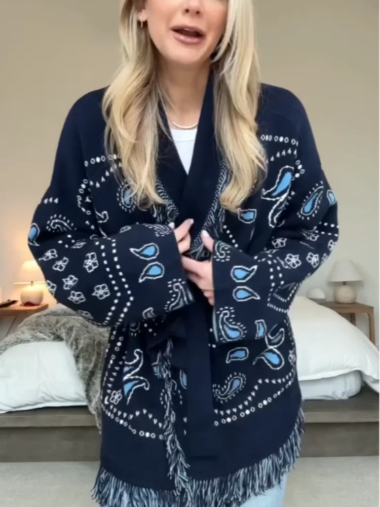 

Вязаные жаккардовые кардиганы с кисточками в стиле пэчворк, женские свитера, ремни с длинным рукавом и v-образным вырезом, красочное утепленное модное пальто, осень 2023 г.