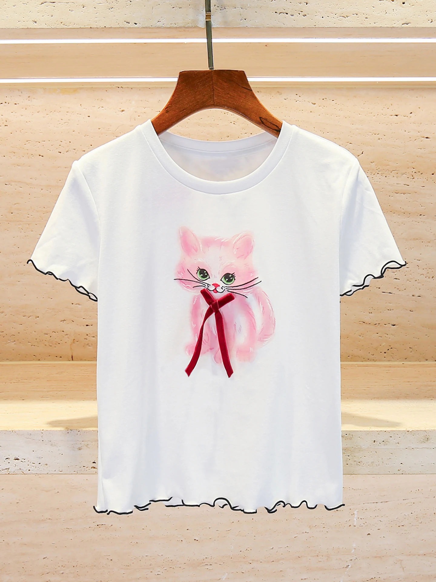 

South Oil High-End Women's T-irt Summer Anti-Aging Cartoon Print Bow Tie Top Creative Design Commute Sle ort Sve