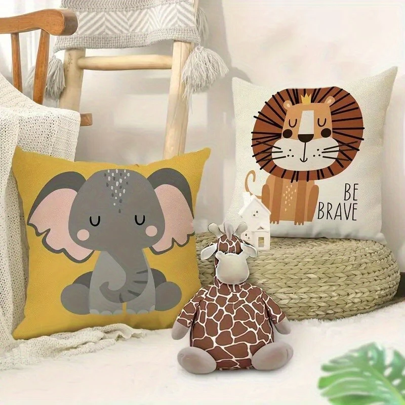 1pc Cute Safari Animal Throw Pillow Covers Cartoon Jungle Wildlife Cushion Cases for Kids Bedroom Playroom Decor