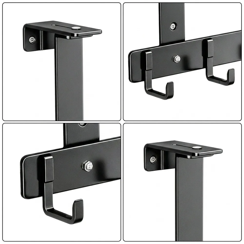 Over the Door Hook Rack Adjustable for 1.38 to 2.56 Inch Doors Drill-Free Installation 5 Hooks Black Aluminum Alloy