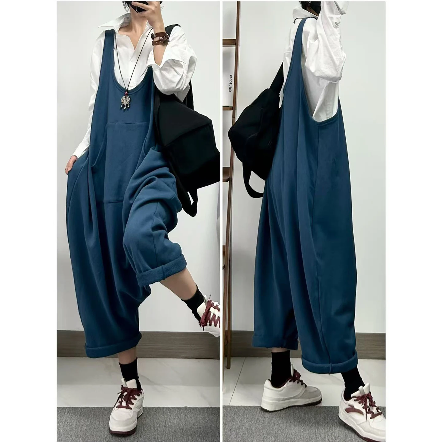 

Phil Dan Hong Kong Sle Handbag One-Piece Jumpsuit Kangaroo ket Loose Sweatirt Cotton Harlan Pants High Waist Long Pants