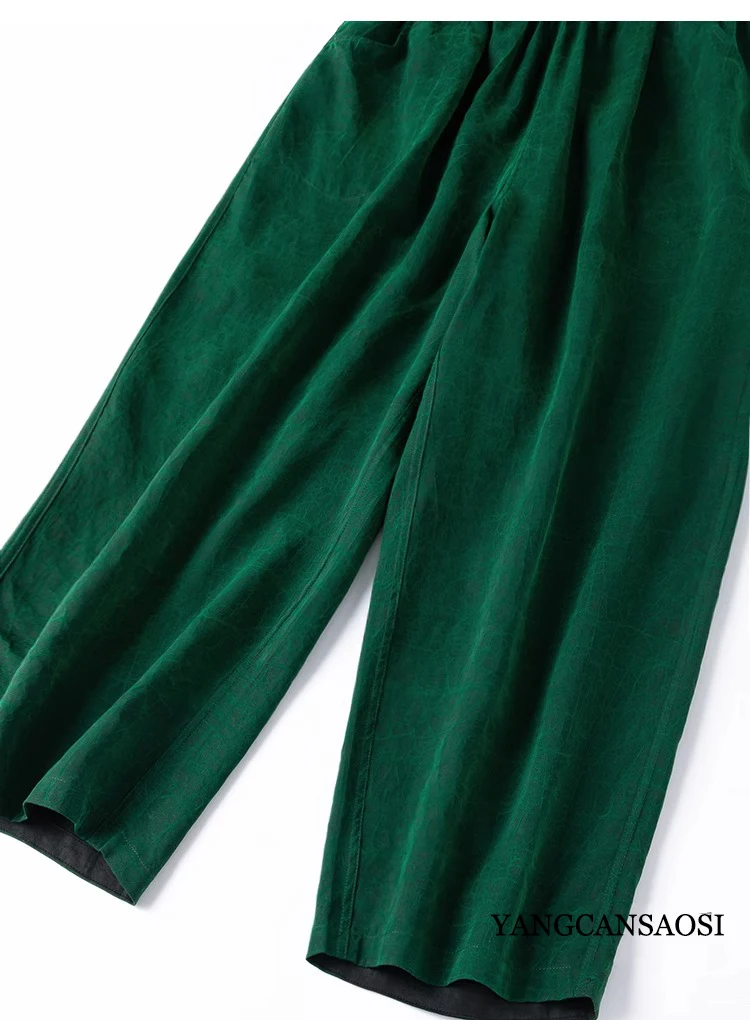 Double Sided Forest Green 100%Natural Mulberry Silk Turtle Crack Fragrant Cloud Yarn Retro Artistic Elastic Waist Wide Leg Pants