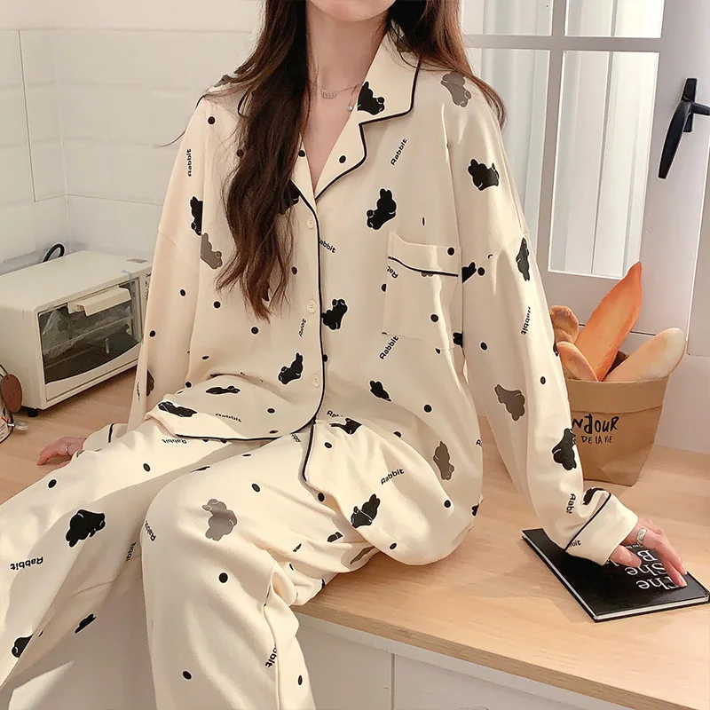 Women\'s Net Red Wind Cotton Long-sleeved Pajamas Home Wear  New Ladies Casual Comfortable Loose Can Be Worn Outside The Suit Ms.