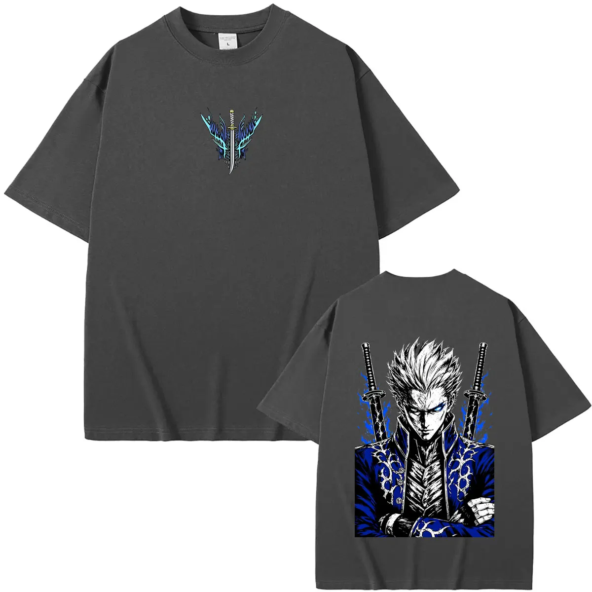 Game Devil May Cry Vergil Double Sided Print T Shirts Men Women Fashion Retro Oversized Crewneck T-shirt Male Casual Streetwear