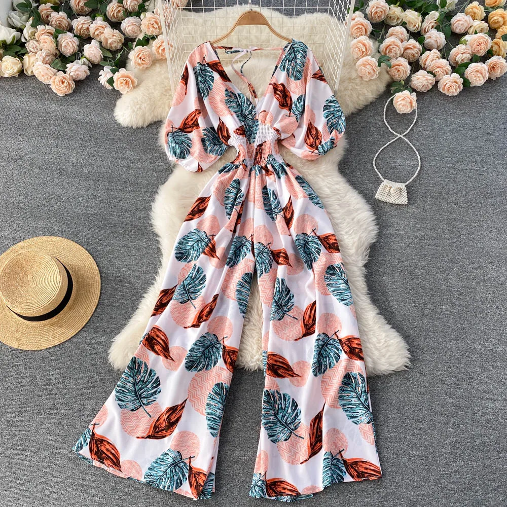 Casual Chiffon Print Jumpsuit Women V-Neck High-Rise Rompers Playsuits Holiday Trendy Wide-Leg Pants Summer One-Piece Outfits