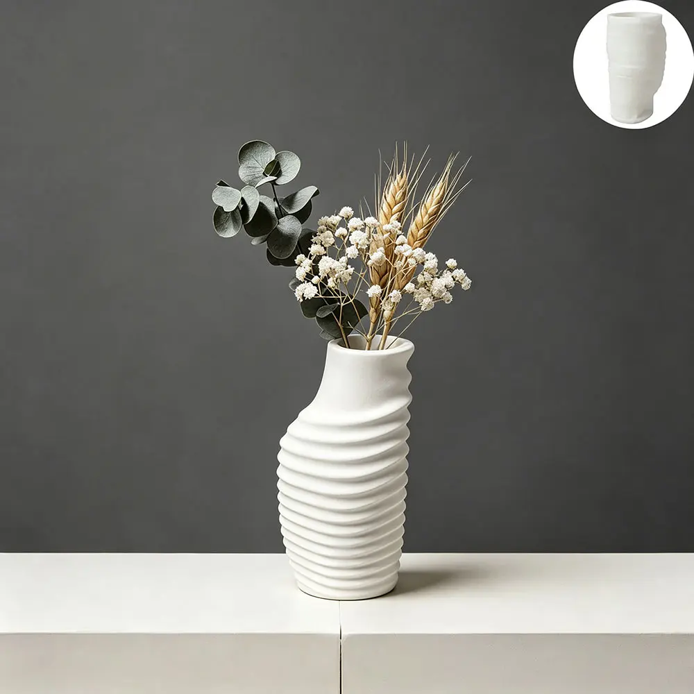 Wabi-Sabi Ribbed Vase Silicone Mold for Concrete Plaster Resin Cement Spiral Flower Pot Diffuser Vessel Home Decor Mold