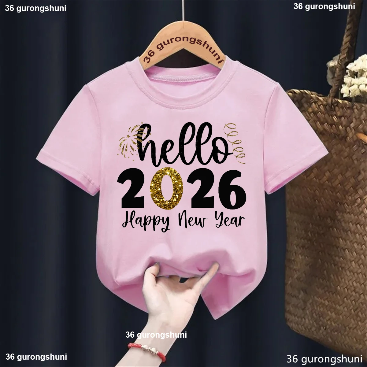Pink Tshirt For Hello 2026 Happy New Year T-shirt Boys Girls Kids Baby Clothes Holiday Party Gfit Harajuku Short Sleeve Top Tee