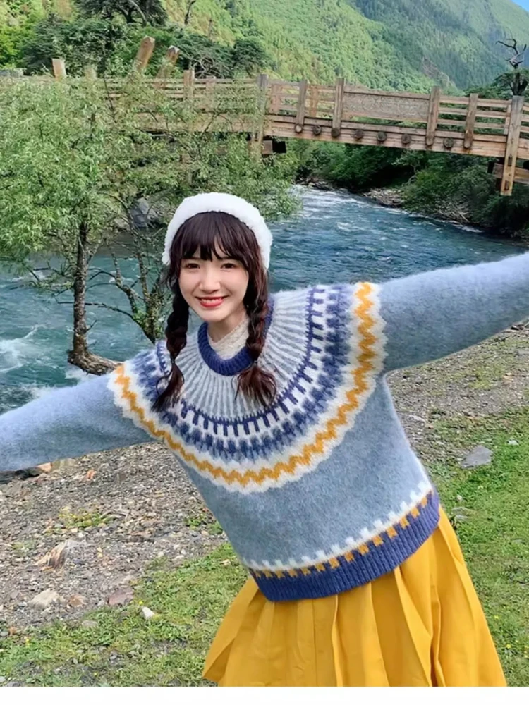 106cmBust FallWinter الأزرق البلوز سترة المرأة أنيقة فضفاضة خمر أيسلندا معرض جزيرة س الرقبة طويلة الأكمام الصوف محبوك سترة