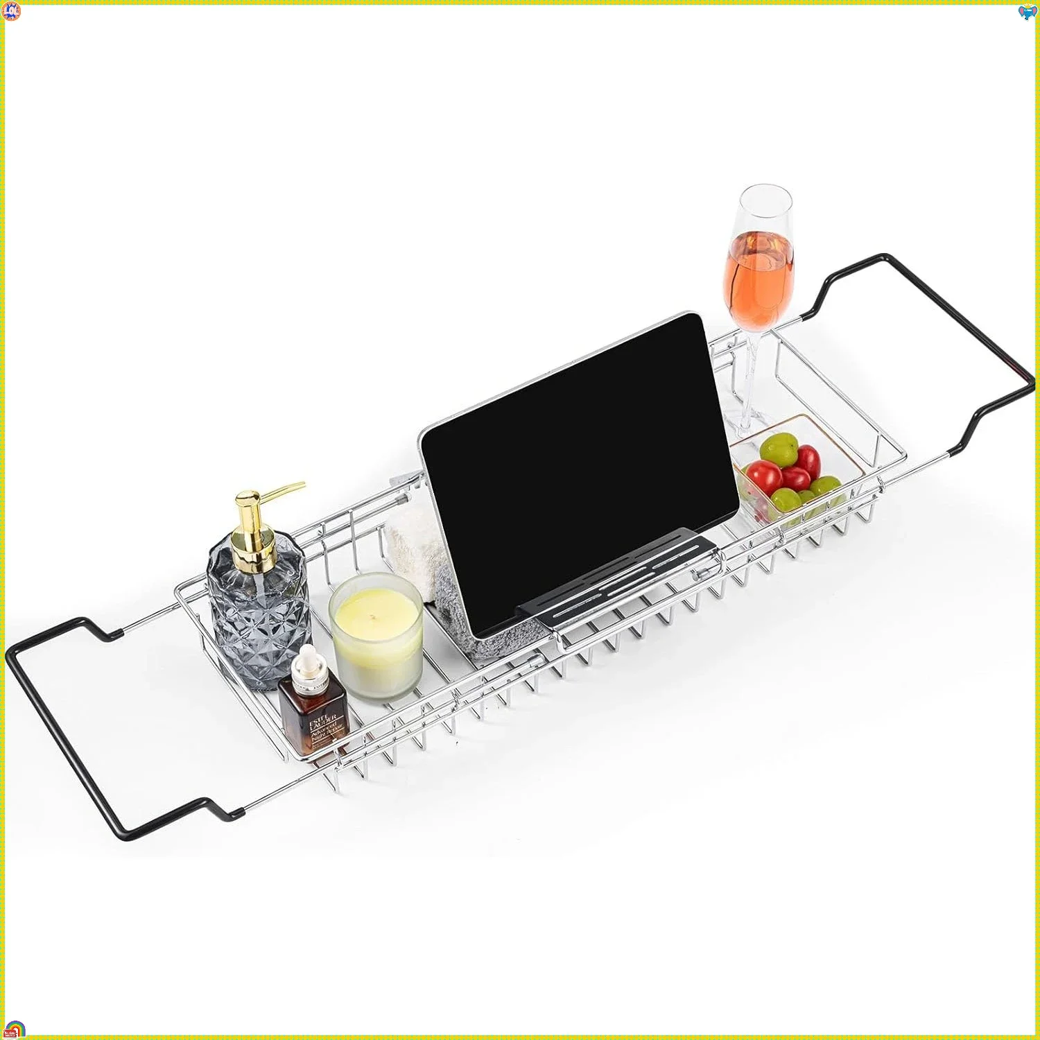 Extra Wide Bath Caddy Tray Adjustable - Waterproof Teak Organizer for Book/Tablet/Wine, Bathroom Spa Essentials