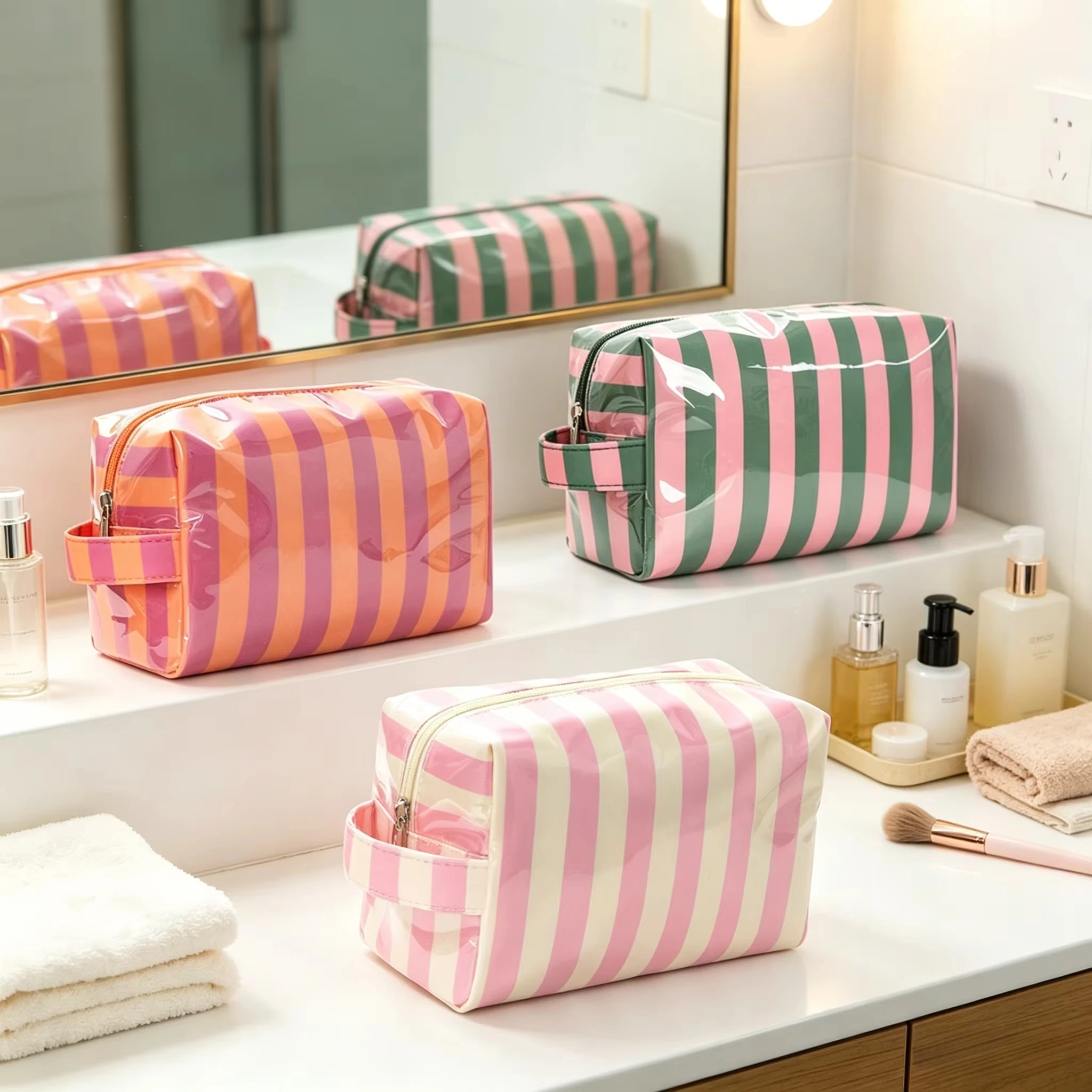 Large Capacity Striped Travel Cosmetic Bag Portable Toiletry Organizer Waterproof Makeup Pouch for Skincare Storage Vacation Bus