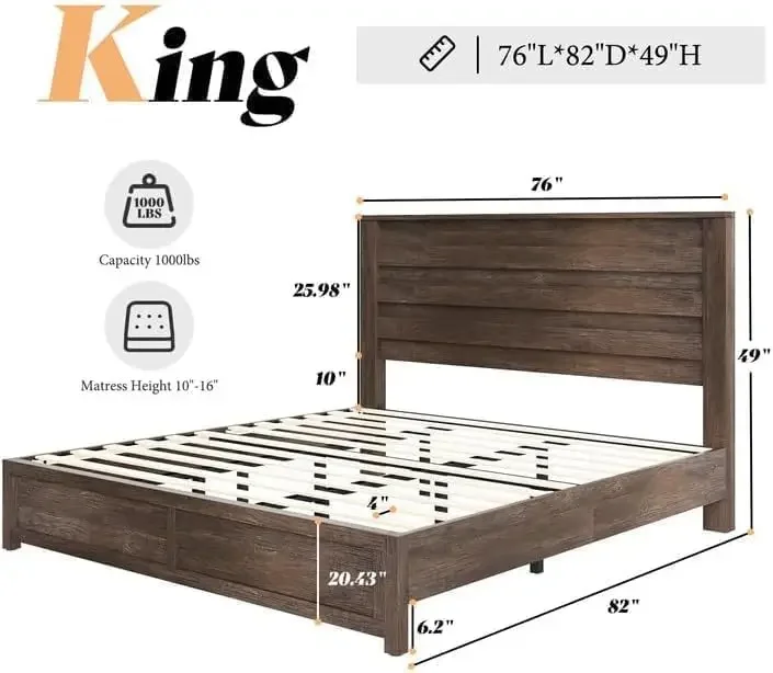 2-Piece Farmhouse Bedroom Set, King Size Bed Frame and 6 Drawer Dresser, Platform Bed with 49