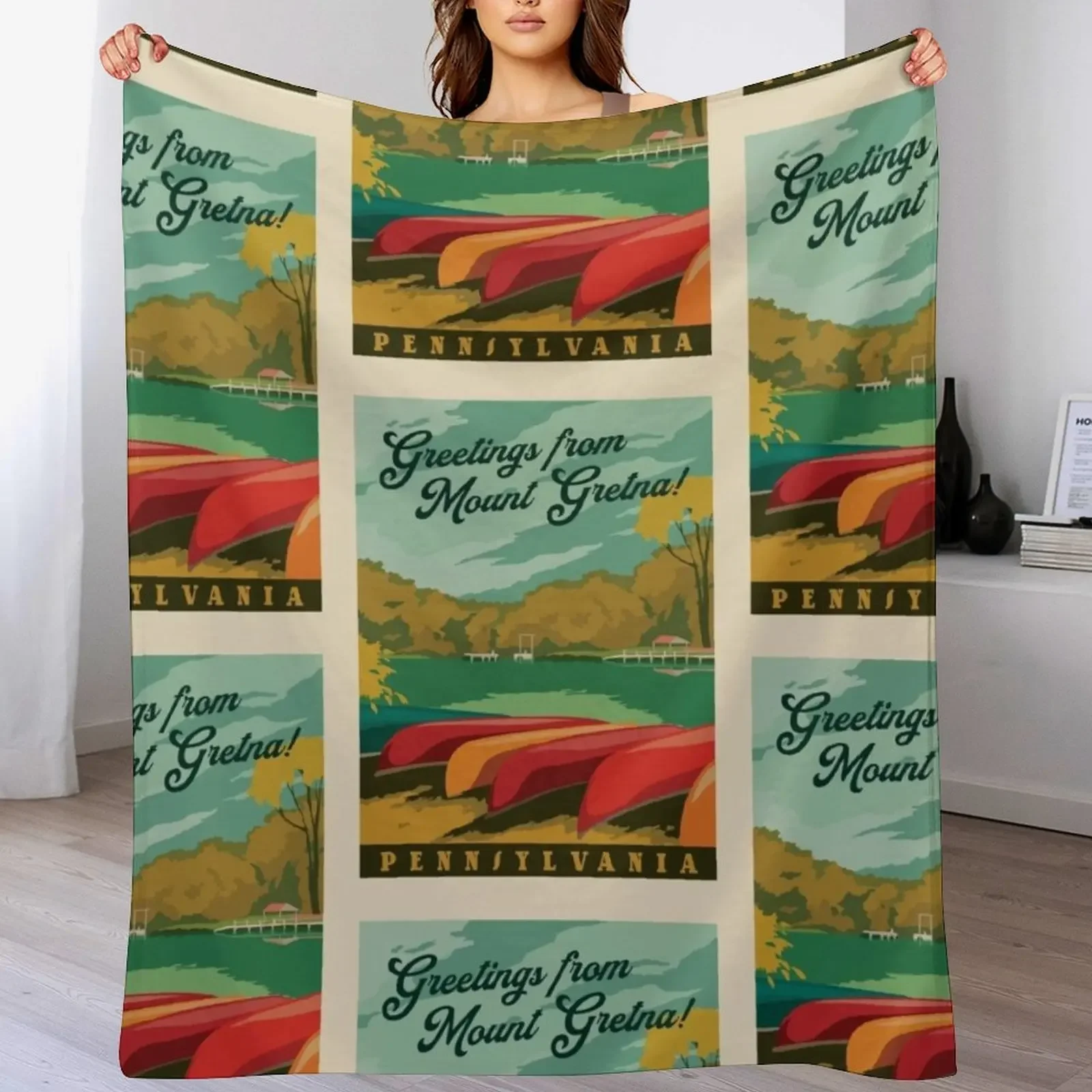 

Greetings from Mount Gretna: Canoes at the Lake (2023 Limited Edition) Throw Blanket Flannel Fabric Kid'S Blankets