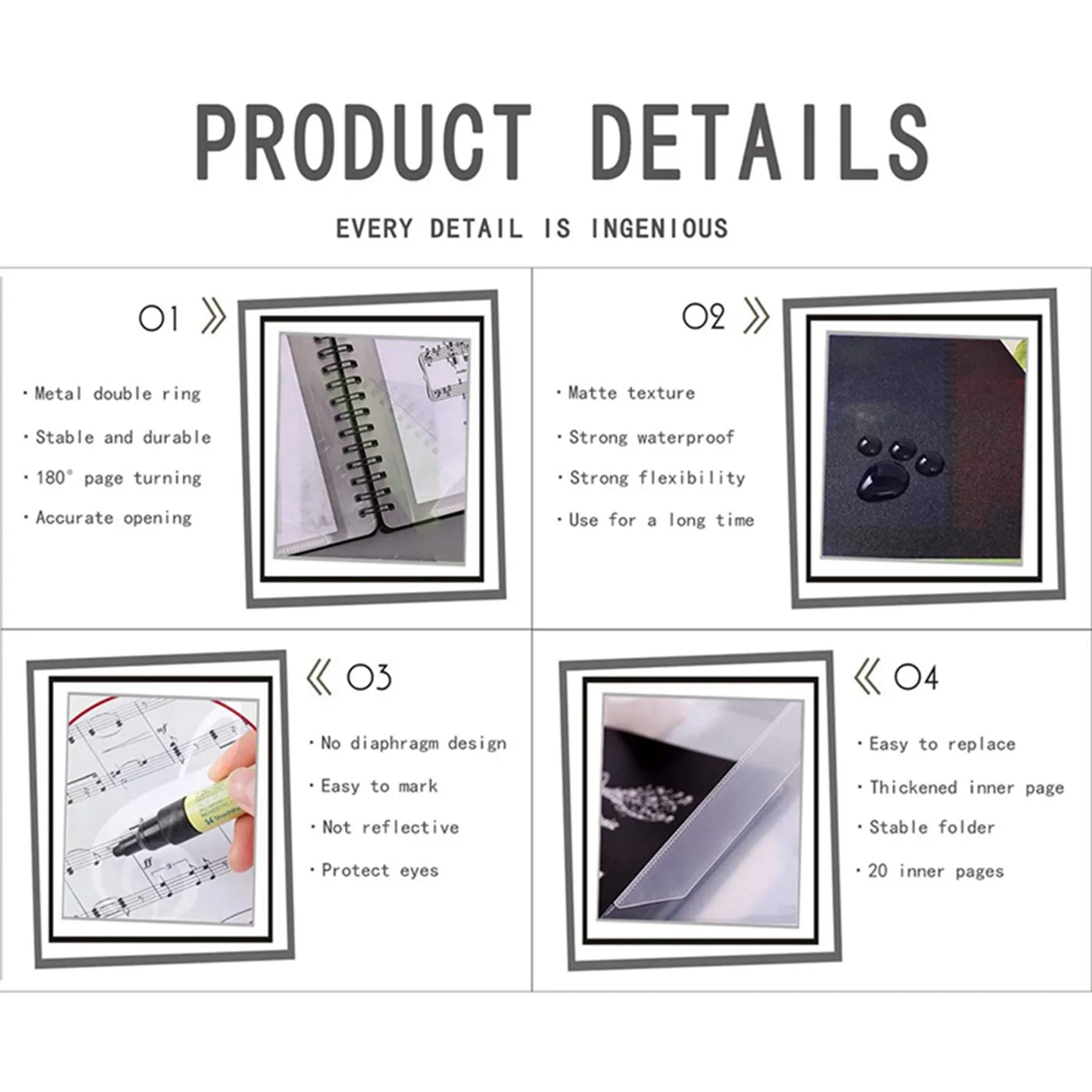 A99I-PTNOKA 3X Sheet Music Folders Music Stand Accessories Music Binder 4 Pages Expand Spiral-Bound 40 Pockets