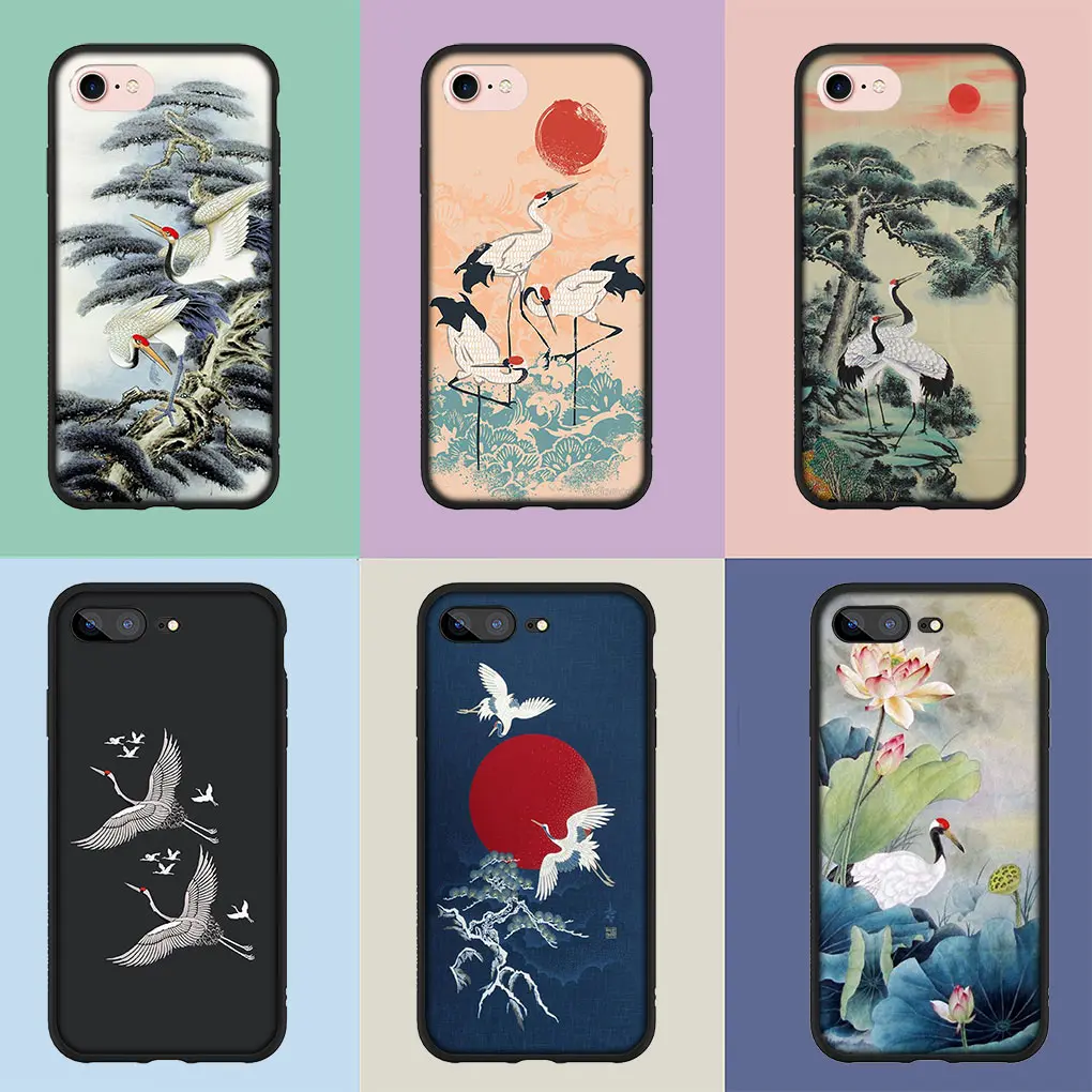 Watercolor Red Crowned Crane Phone Cover Case for Apple iPhone 15 14 Plus 13 12 Mini Pro Max XR + 13Pro 14+ 15+ Soft Casing