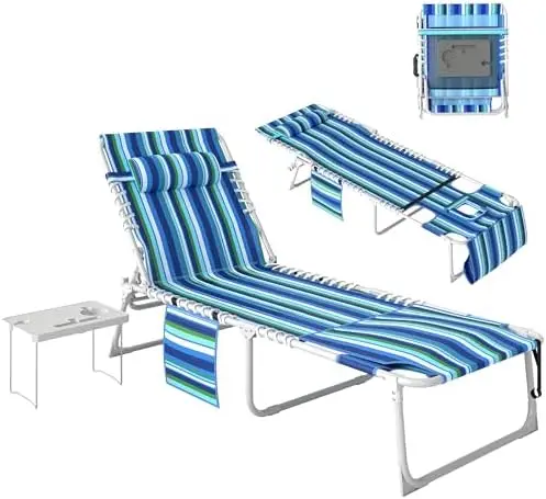 Tanning Chair with Face Hole, Side Table, 5-Position Reclining Folding Chaise Lounge Chair Outdoor Lounger Recliner