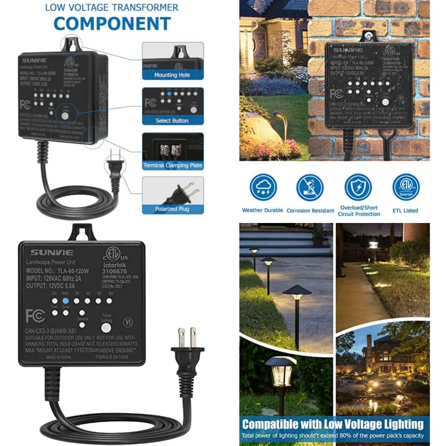 Low Voltage Transformer 60W Landscape Lighting Transformer with Timer and Photocell Sensor 120V AC to 12V DC Waterproof for Out