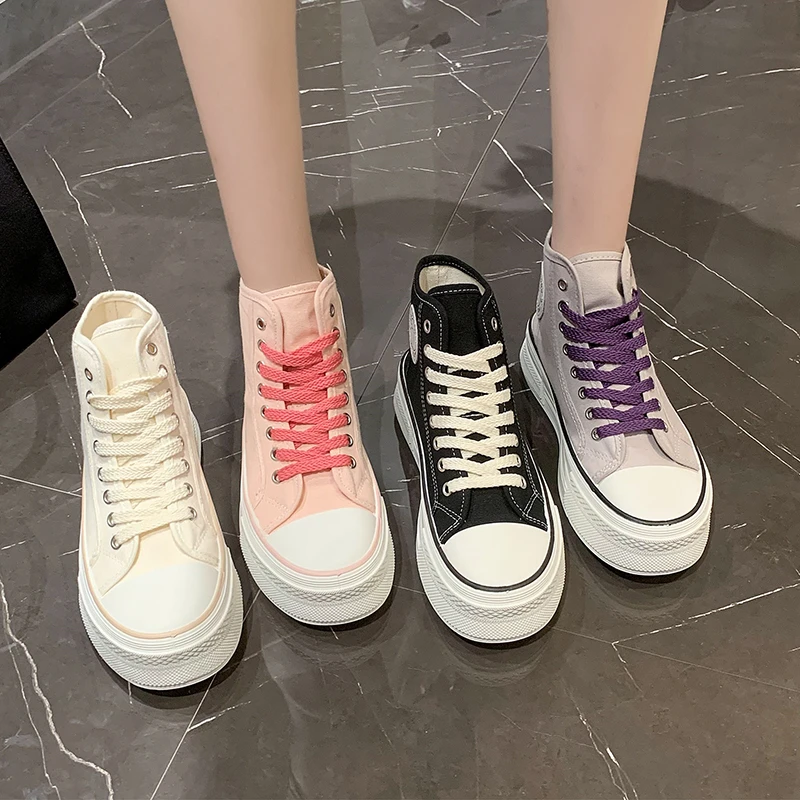 

New Women Thick Sole Canvas Shoes High Top Girl Students Height Increasing Sneakers Casual Boots Solid Colors Pink Sneaker 35-40