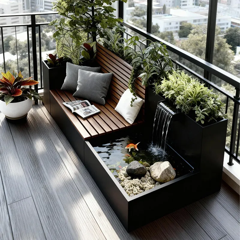 Aluminum alloy balcony waterscape flower box, seat and stool combination planting outdoor courtyard flowing water landscape wall