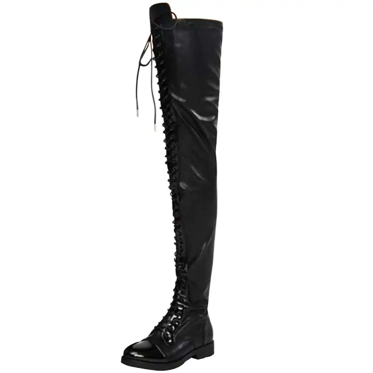 Lace Up Bar Nightclub Women\'s Over The Knee Boots Big Size 34-46 Low Heels Boots Side Zip Black Red Long Boots