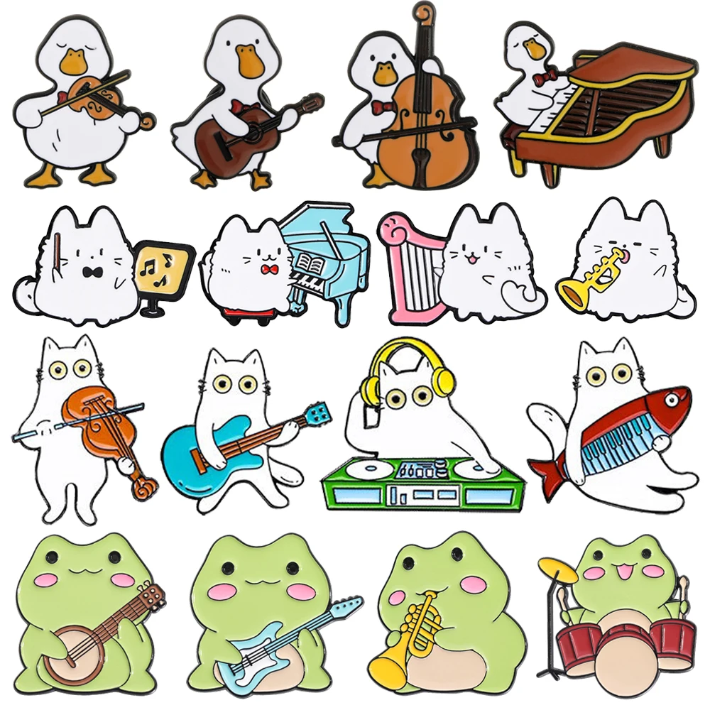 Cartoon Animals Musician Metal Badges Cute Duck Frog Black Cat Piano Violin Guitar Lapel Pins Children Backpack Jewelry Gifts