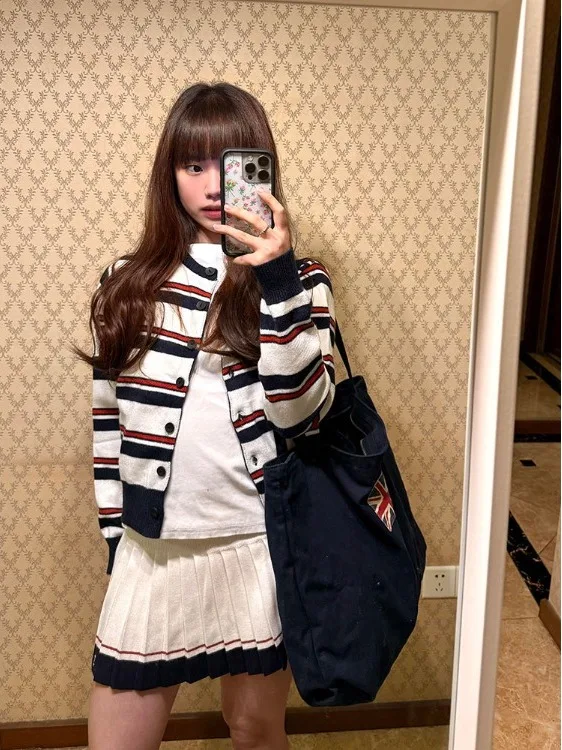 Retro Striped Knitted Open Cardigan Women's Early Autumn College Sle Slim Fit round Ne Sweater ort Coat Top Korean Sle