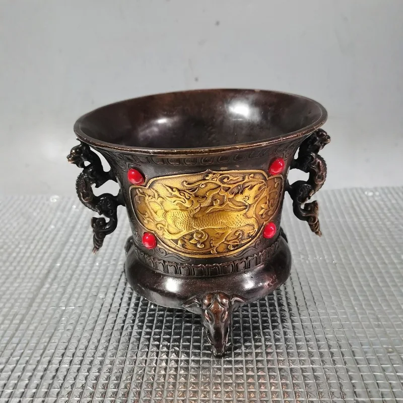 Gilt Double Dragon Incense Burner Ornament, Copper Incense Burner, Indoor Decorative Craft, Buddhist Temple Offering for Worship