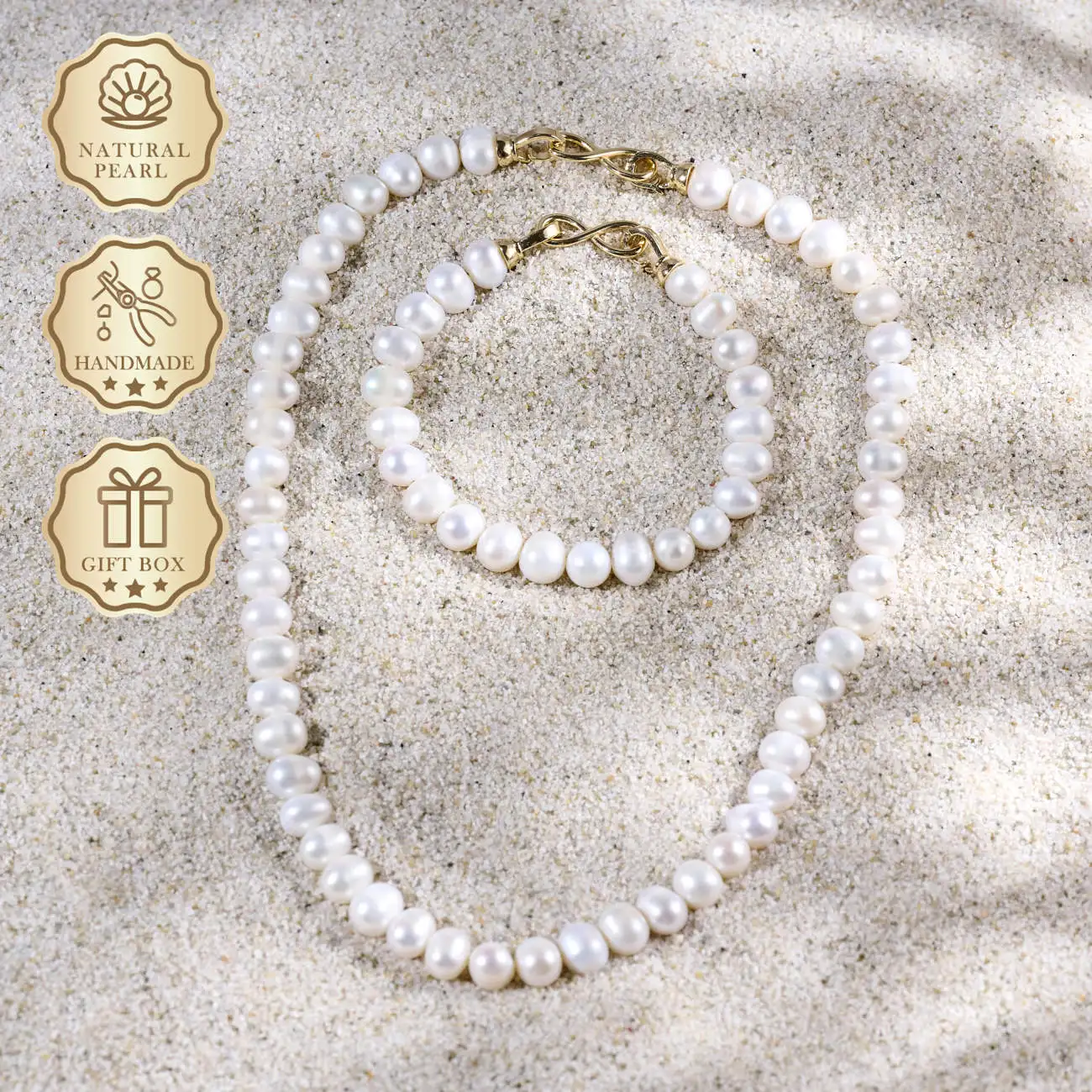

MYSOYA Natural White Freshwater Pearl Bracelet & Necklace Set, 7–8mm Pearls with Gold Infinity Clasp, Gift Box, Birthday Gift