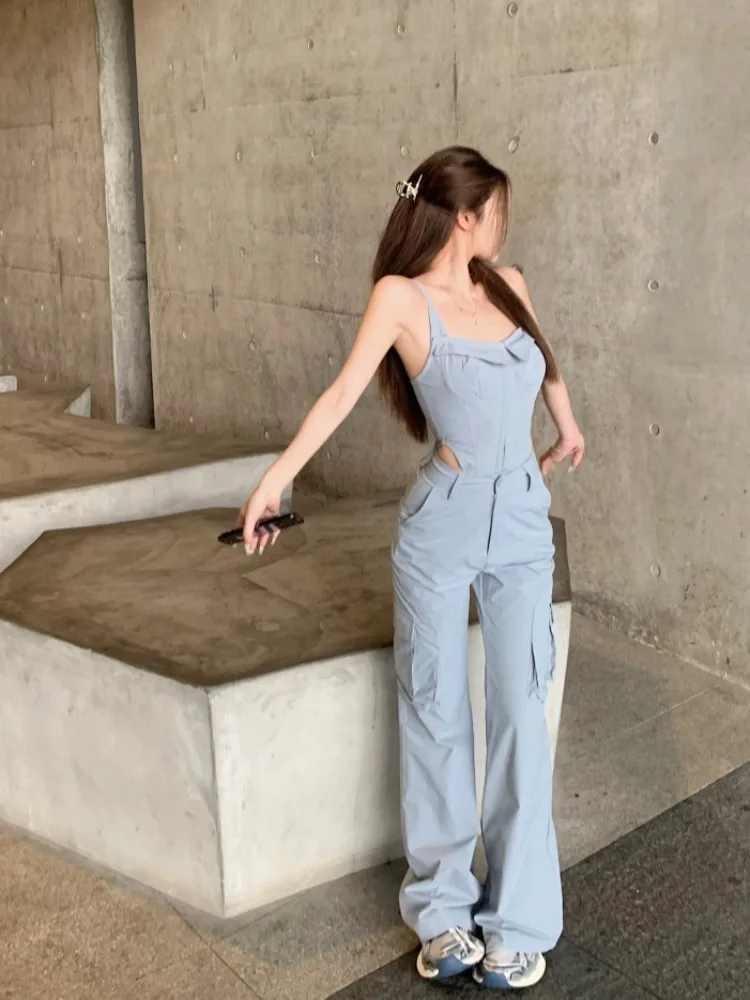 2023 Summer New Streetwear Pleated Sexy Solid Color Camisole Women + High Waist Loose Casual Cargo Pants Two-Piece Suit