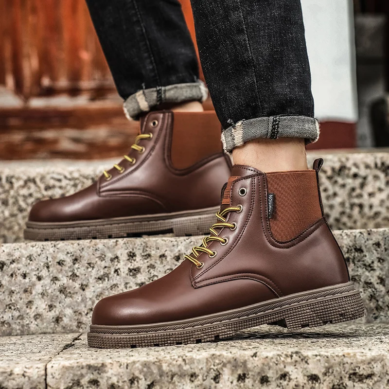 Autumn Winter Couple Leather Ankle Boots Classic Brown Work Boots For Men Comfort Anti-slip Men Outdoor Boots Botas Para Hombre