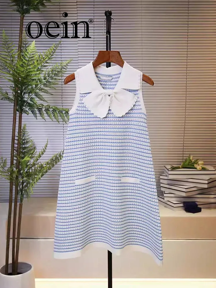 [oein] 2024 New French Sweet Bow Collar Dress For Women New Aging Reduction Striped Tank Top Short Skirt