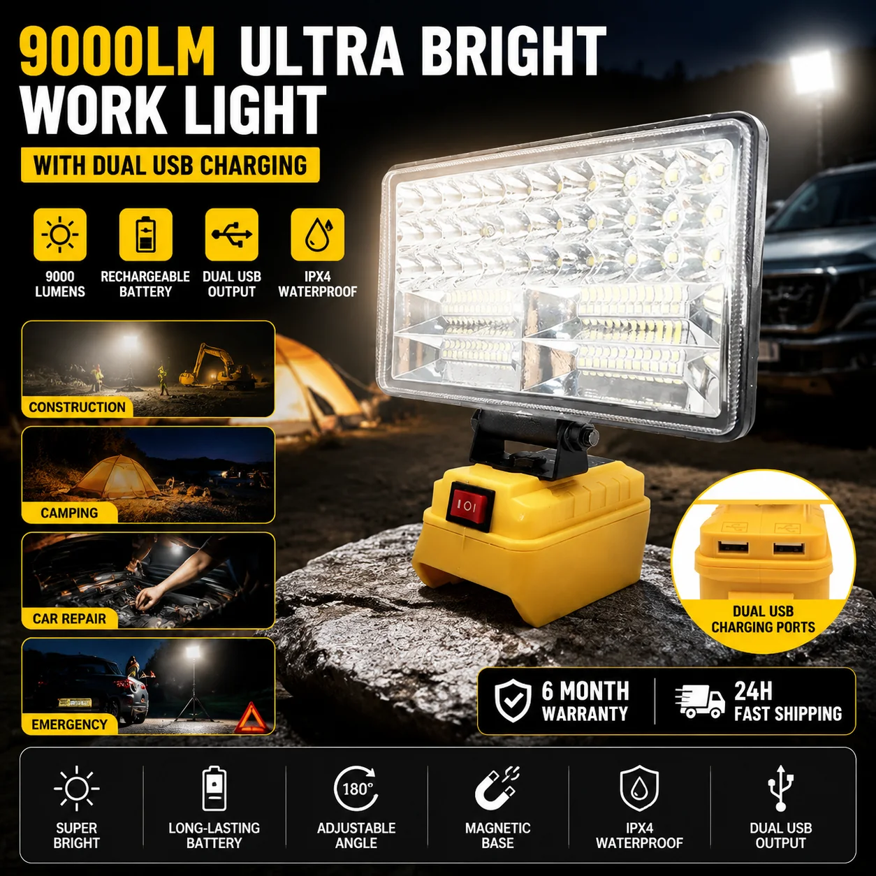 Cordless LED Work Light for Dewalt 20V Battery Flood Light USB Charger Portable Flashlight for DCB204 DCB206 Emergency Lamp 18V